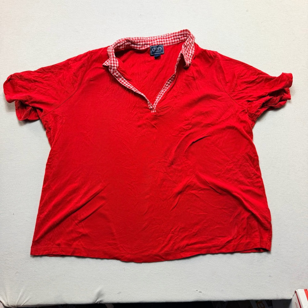 Chaps Polo Shirt Womens 3X Red Excellent Gingham Collar Short Sleeve V-Neck Top